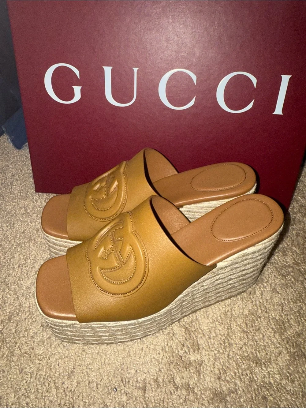 Gucci Mustard Leather GG Espadrille Wedge Slides